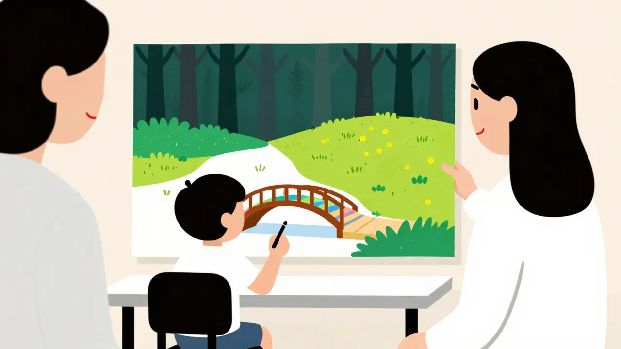 Dítě při arteterapii maluje barevný most jako symbol uzdravení.