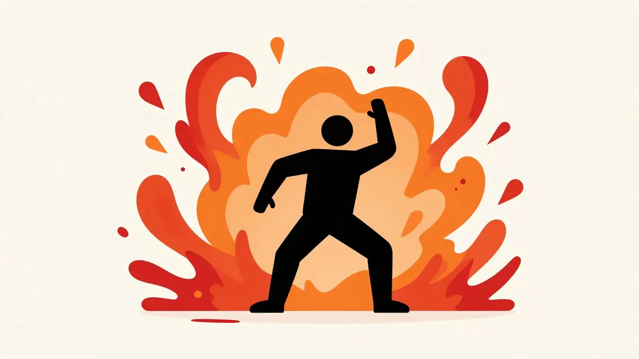 Dynamická ilustrace postavy s výraznými červenými splashes symbolizující klastr B.