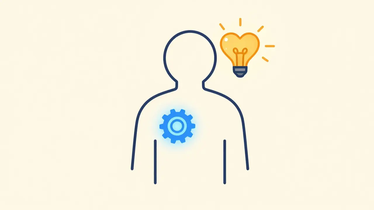 Ilustrace kombinace léků a psychoterapie pro komplexní uzdravení člověka.