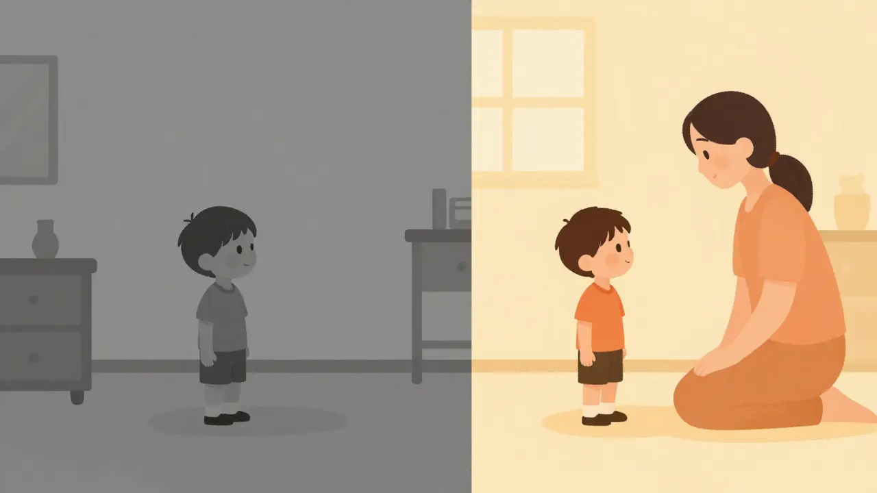 Ilustrace kontrastu mezi izolací v smutku a podporou blízkého dospělého.