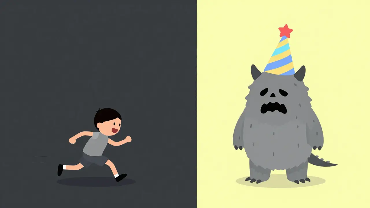 Ilustrace metody IRT: změna děsivého monstra na smíchmi vyvolávající postavu.