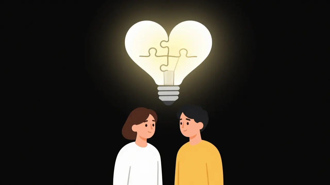 Ilustrace šťastného páru, kteří díky terapii našli společnou řeč a porozumění.