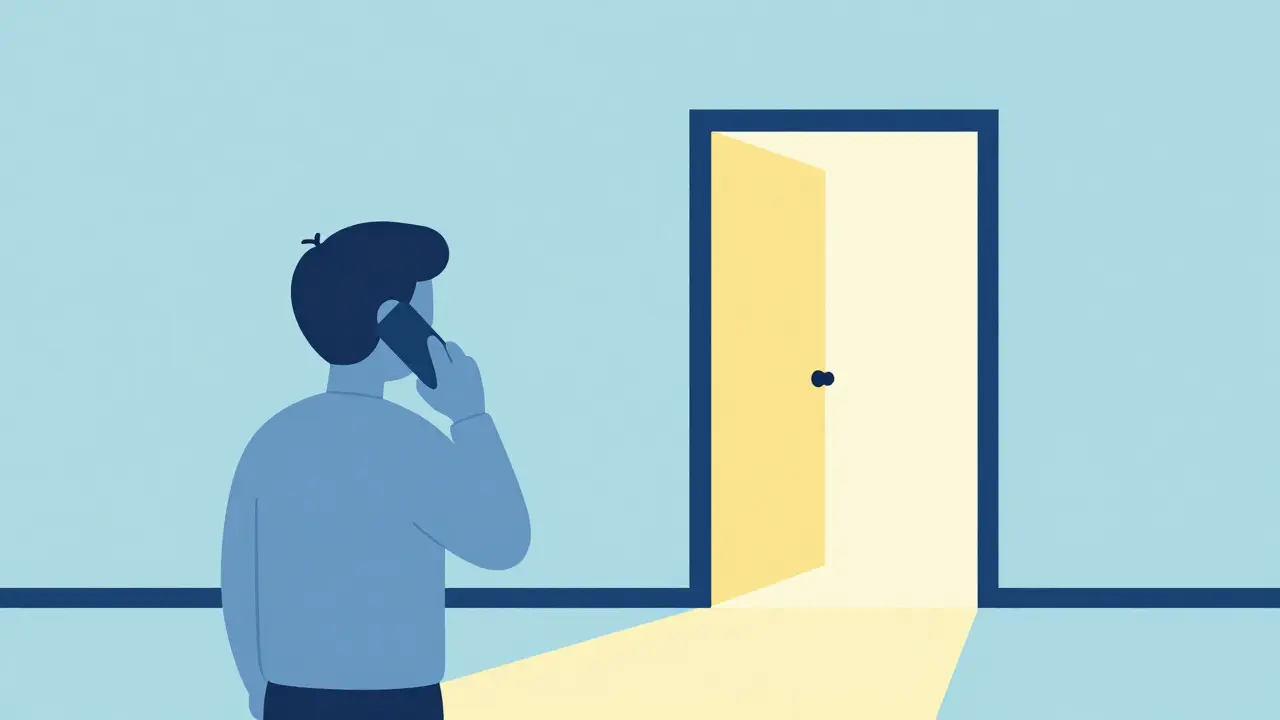 Ilustrace znázornující volání na krizovou linku a otevřené dveře krizového centra.