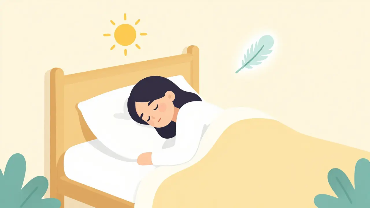 Klidně spící osoba v brightm pokoji s jemnými symboly vnitřního klidu.