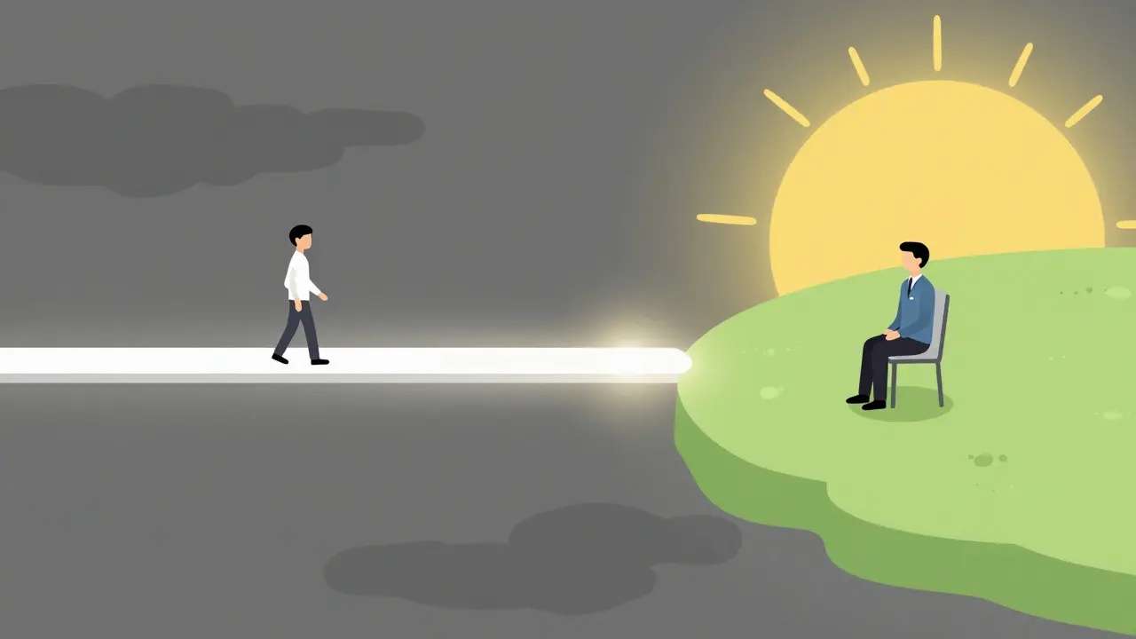 Konceptuální most vedoucí z šedé krize do světlého prostředí dlouhodobé terapie.