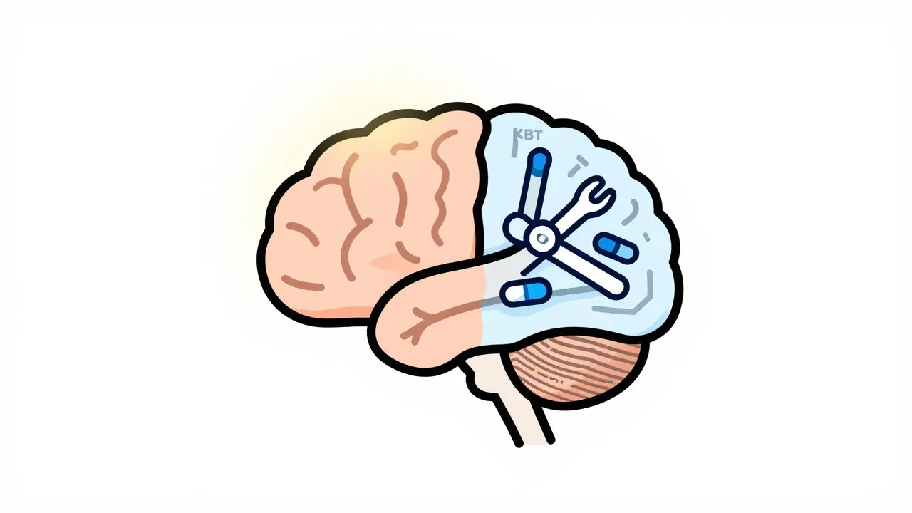 Konceptuální obraz kombinace medikace a terapie pro vyvážení mozkových funkcí.