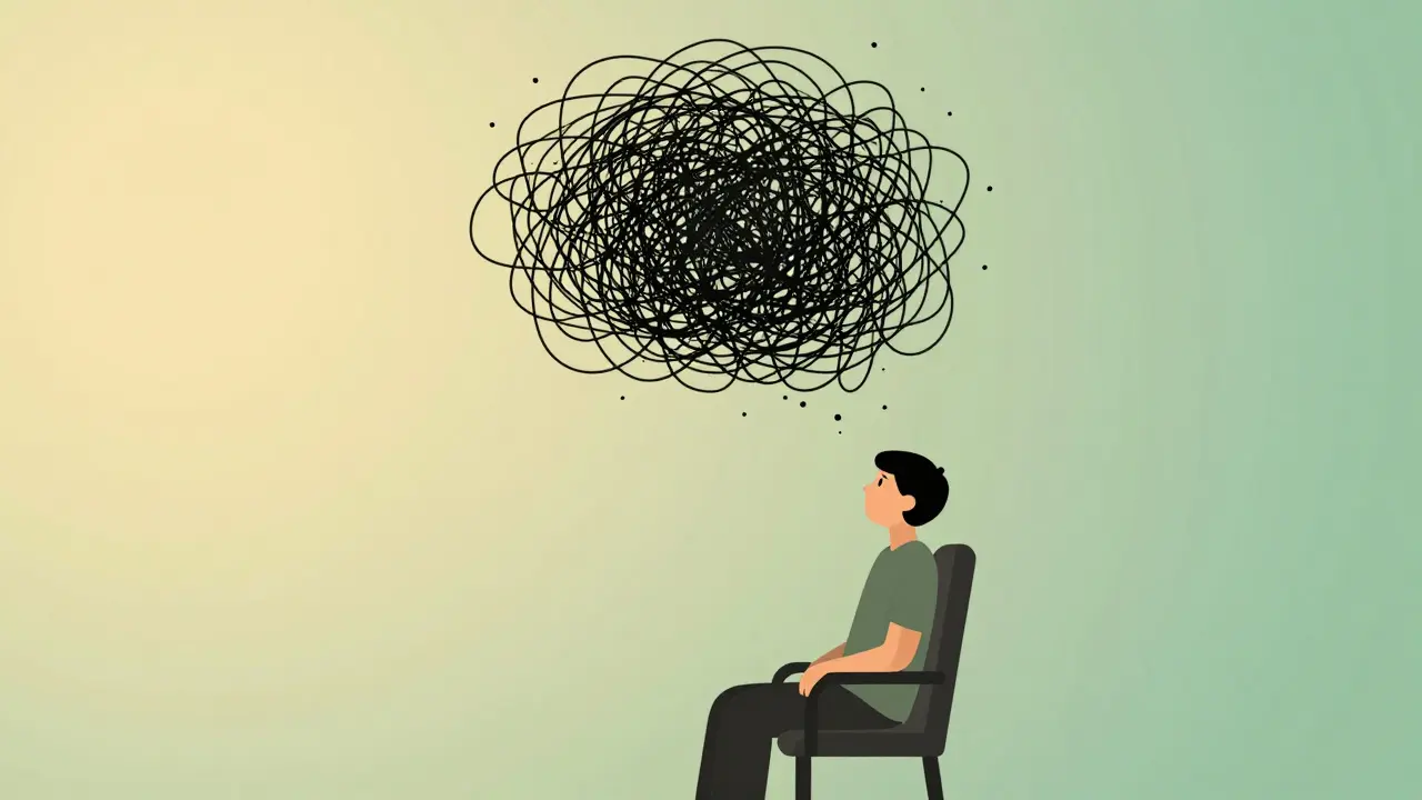 Kresba člověka v klidu, nad ním se rozpouští chaos úzkostných myšlenek.