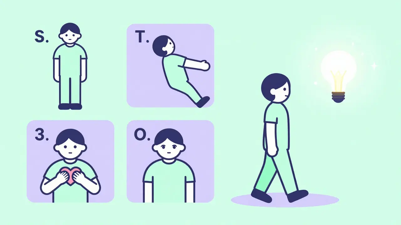 Kresba v čtyřech krocích znázorňující aplikaci metody STOP.