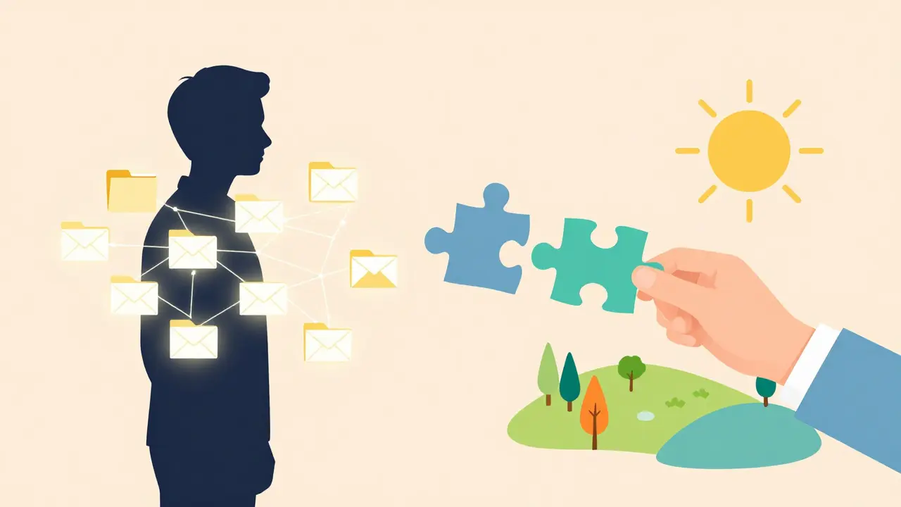 Kresba znázornující proces psychoterapie a hledání vlastní identity mimo práci.