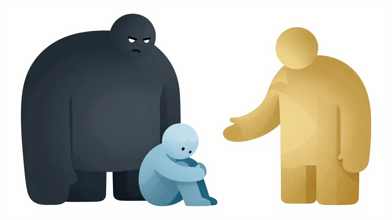 Kresba znázornující tři stavy osobnosti: zraněné dítě, kritického rodiče a zdravého dospělého.