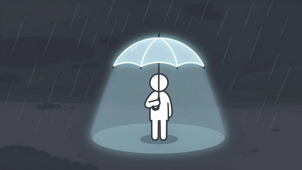 Kreslený člověk pod průsvitným deštníkem tvořícímv zoufale chaotickém prostředí zónu klidu.