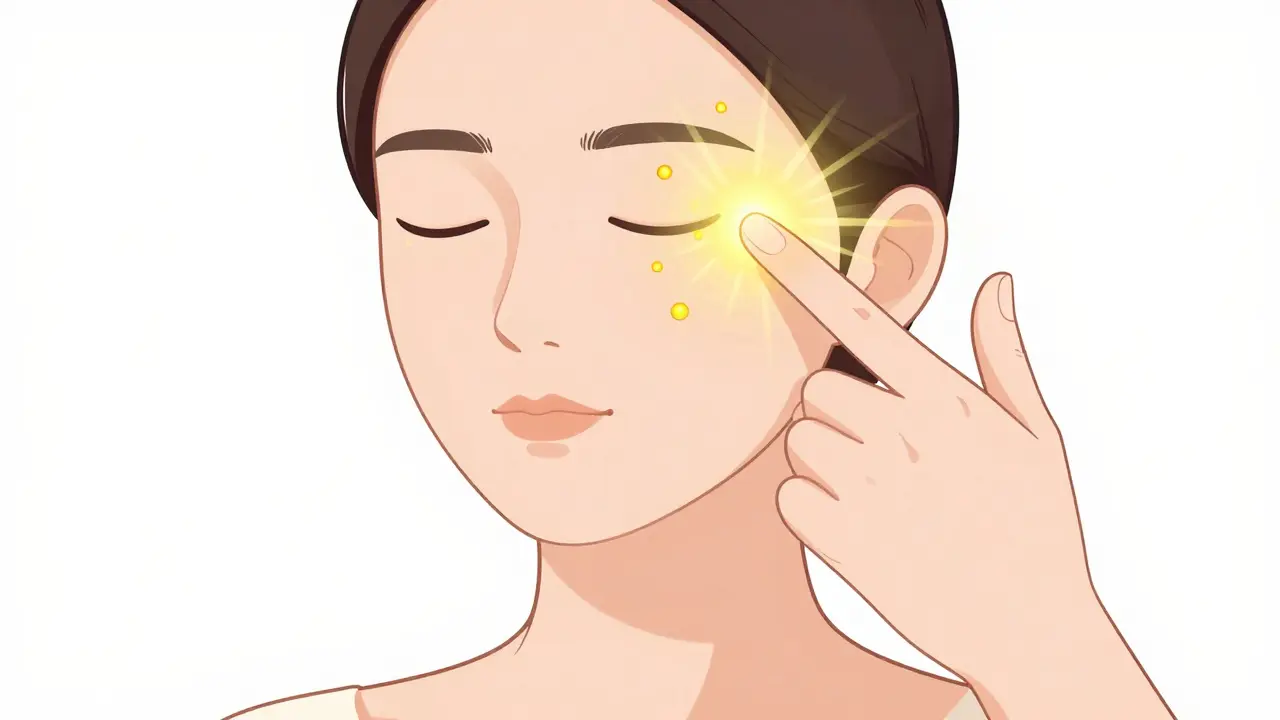 Minimalistické zobrazení jemného poklepávání na akupresurní body s goldeným světlem.