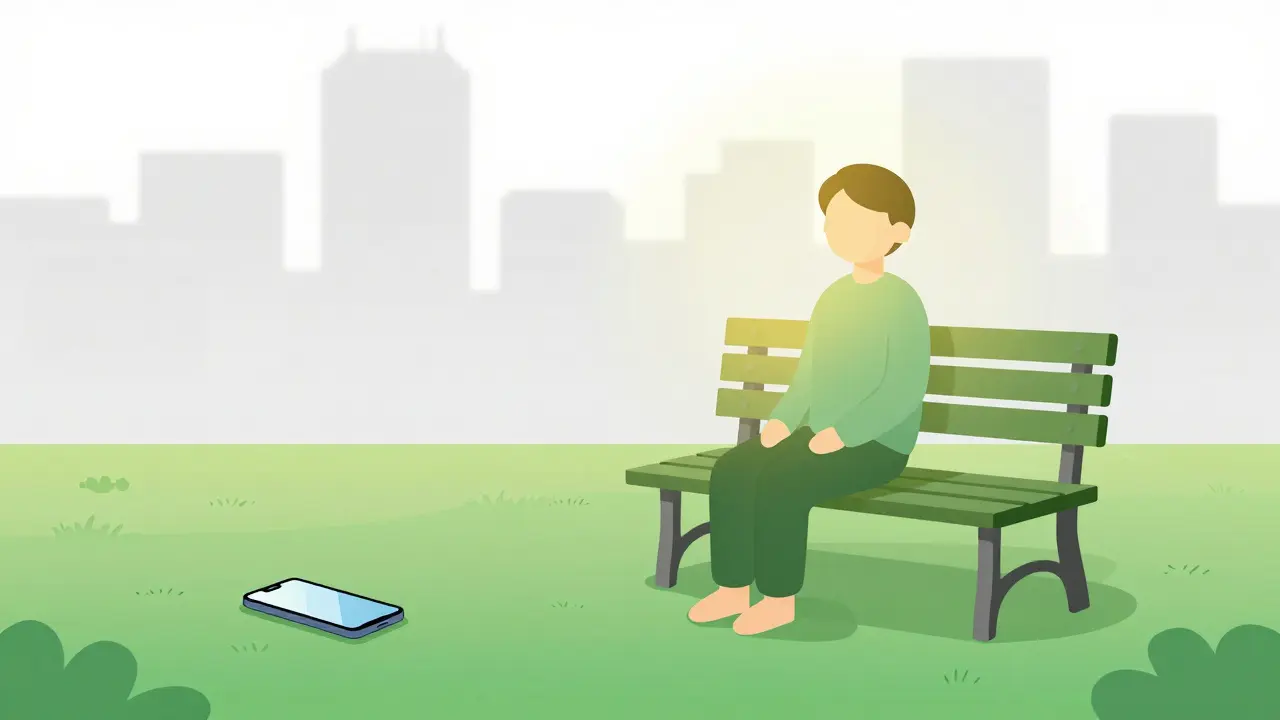 Minimalistický obraz člověka odpočívajícího v přírodě s vypnutým telefonem.