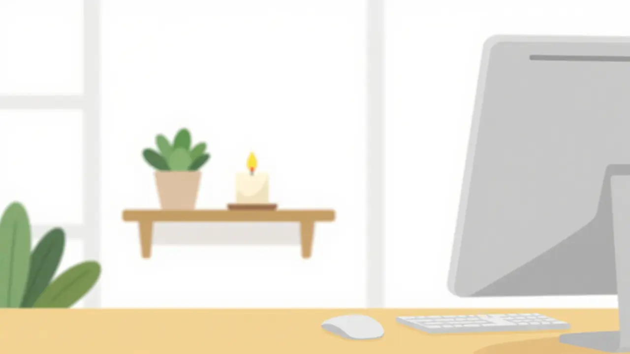 Minimalistický pohled na digitální oltář se svíčkou a rostlinou u počítače.