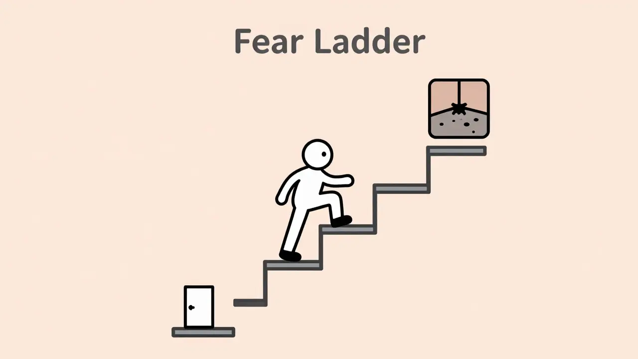 Minimalistický žebříček strachu s postavou postupně překonávající úzkost.