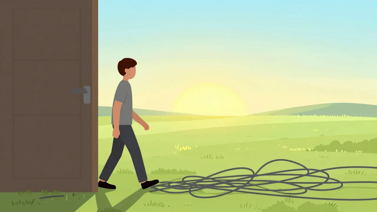 Osoba odcházející z temnoty toxického vztahu do světlého a volného prostoru.