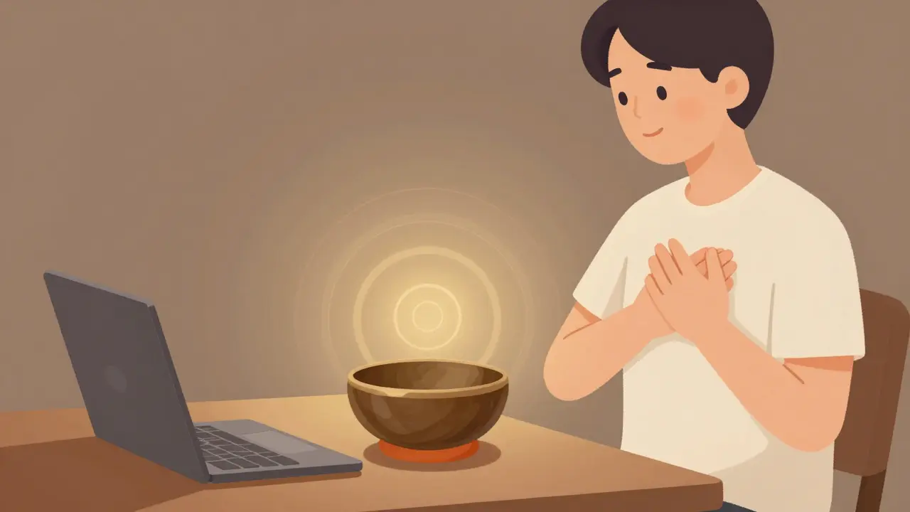 Osoba při uzavírajícím rituálu online terapie s tibetskou miskou na stole.