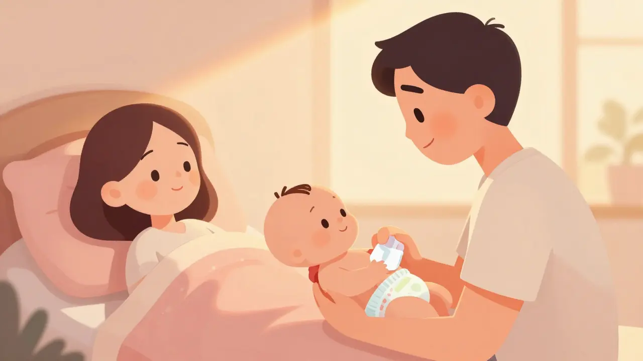 Otec pečující o dítě, zatímco matka odpočívá, minimalistická ilustrace.