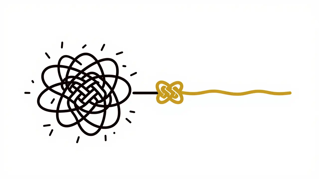 Schéma transformace zamotané uzly negativních vzorců v přímou zlatou linii svobody.