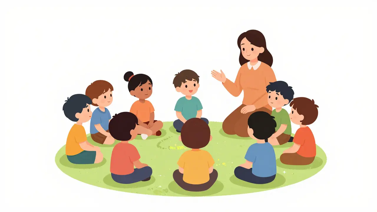 Skupina dětí v kroužku s terapeutem během tréninku sociálních dovedností.