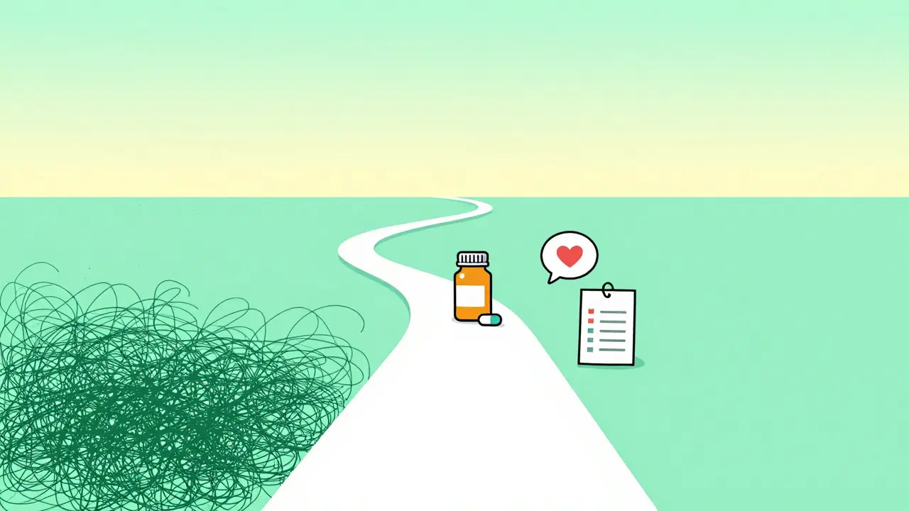 Stylizovaná cesta k uzdravení s ikonami léků, terapie a organizace vedoucí k jasnému horizontu.