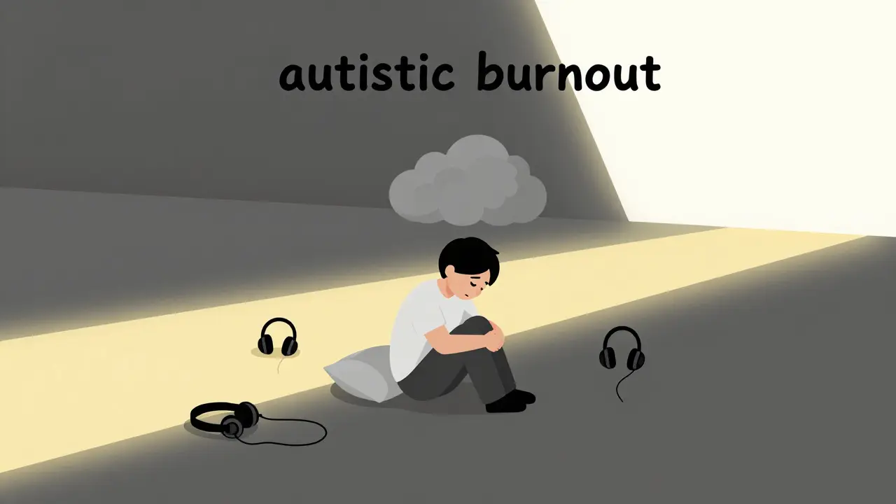 Symbolická ilustrace autistického vyhoření a cesty k regeneraci a přijetí.
