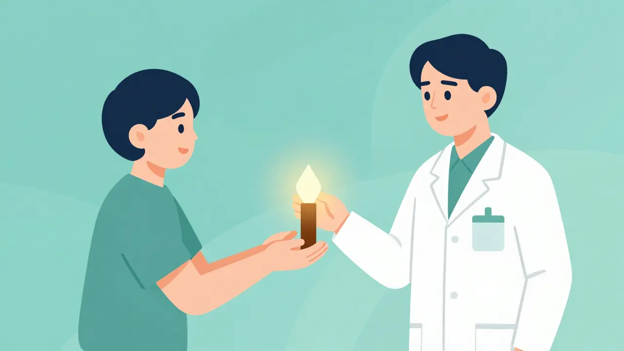 Symbolické předání péče o člověka v krizi od laika k odbornému pracovníkovi.