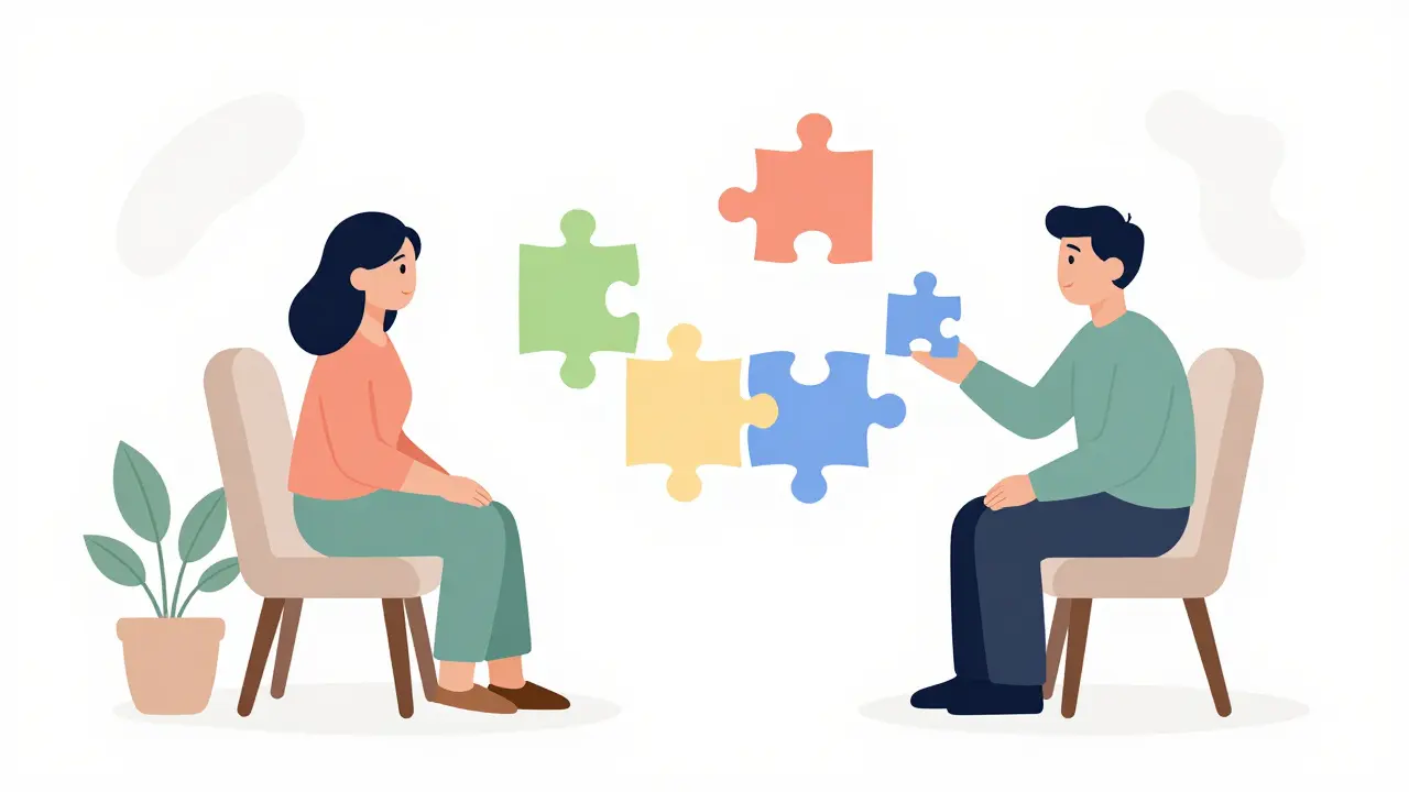 Žena při psychoterapii v minimalistickém ilustračním stylu.