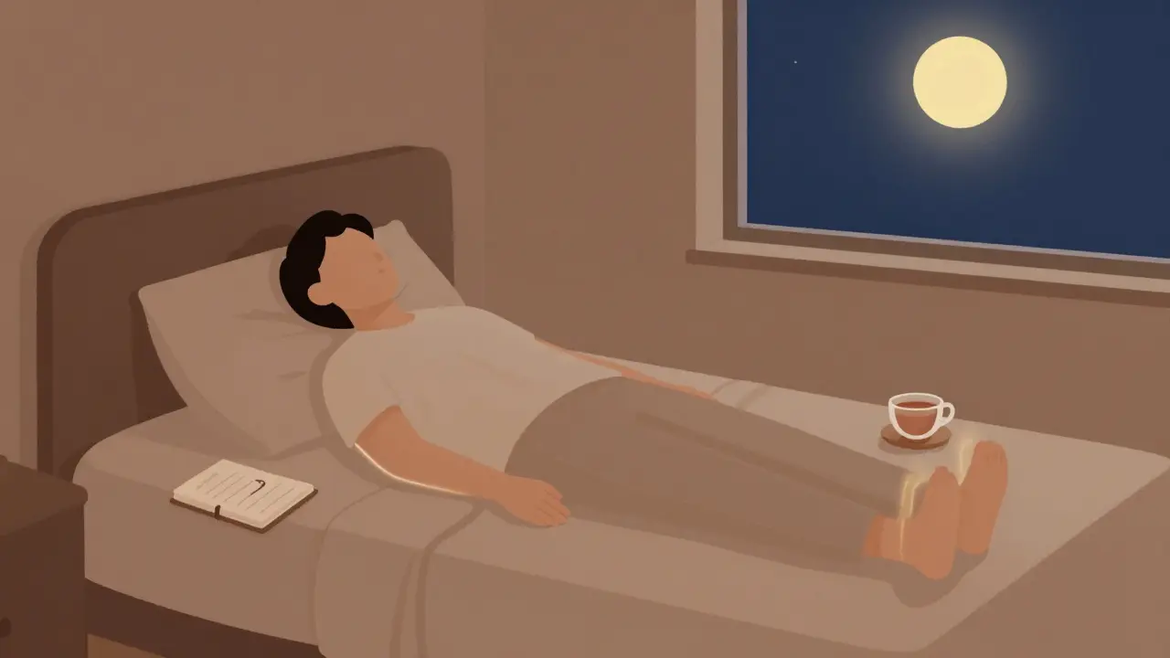 Klidná ložnice s osobou provádějící večerní relaxační rutinu