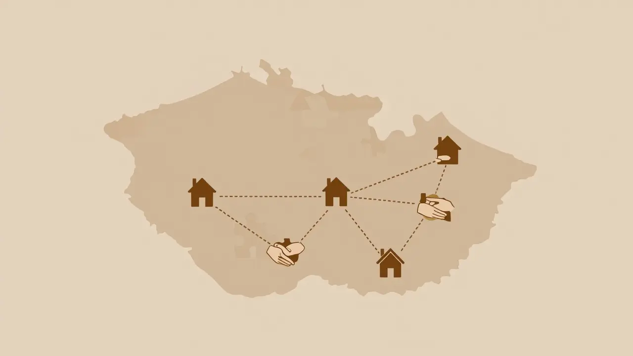 Stylizovaná mapa ČR s ikonami podpůrné sítě pro autismus