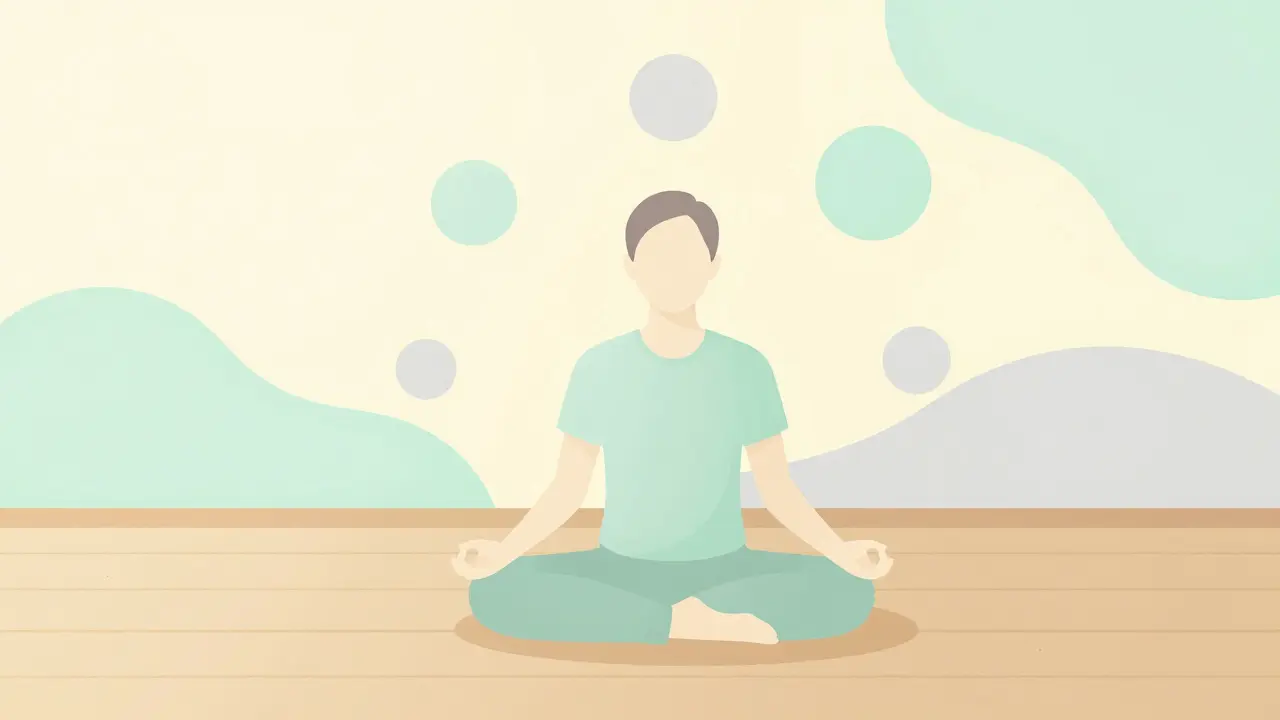 Ilustrace osoby v meditaci s abstraktními tvary klidu pro relaxační techniky