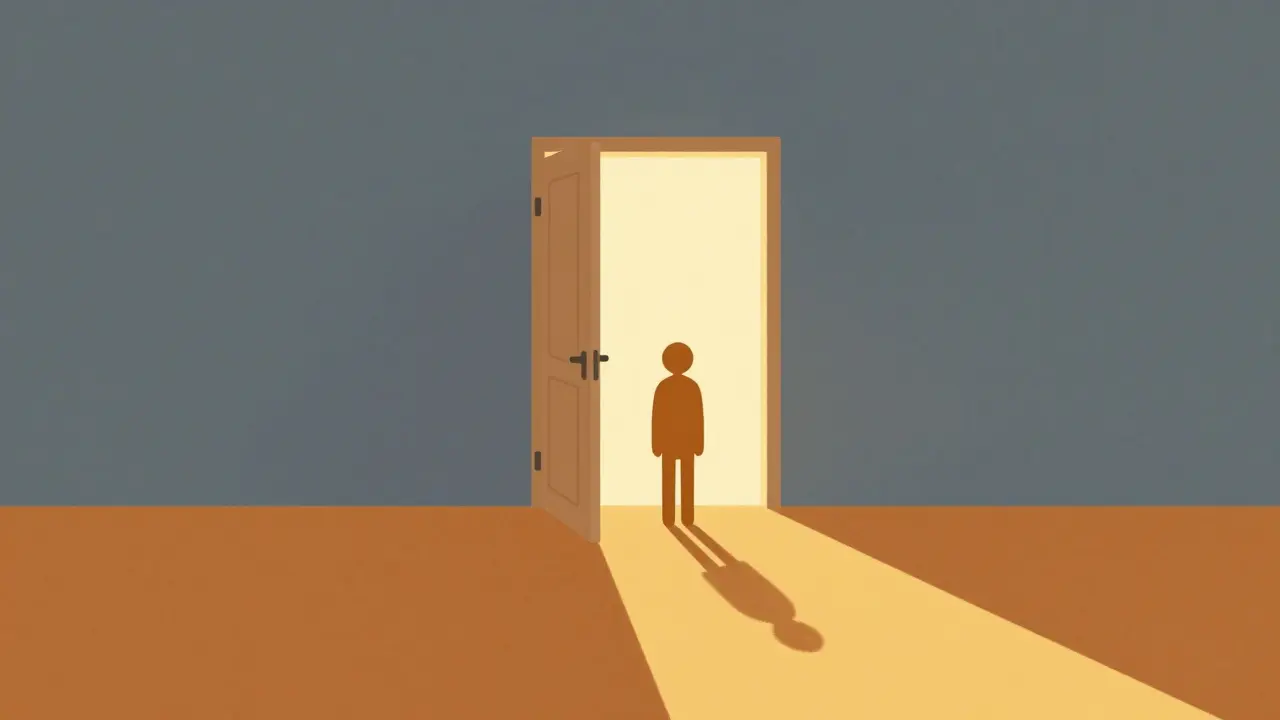 Ilustrace postavy u dveří symbolizující ukončení terapie