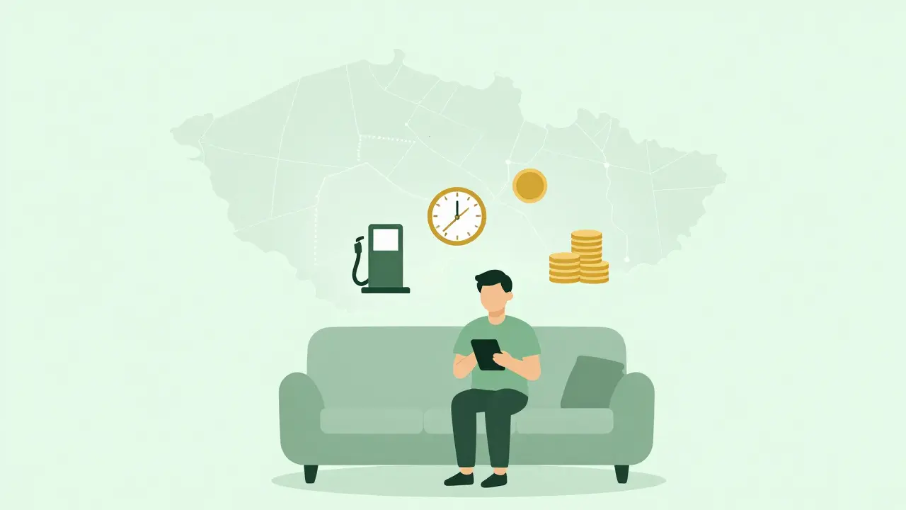 Minimalistická scéna úspory času a peněz při online terapii