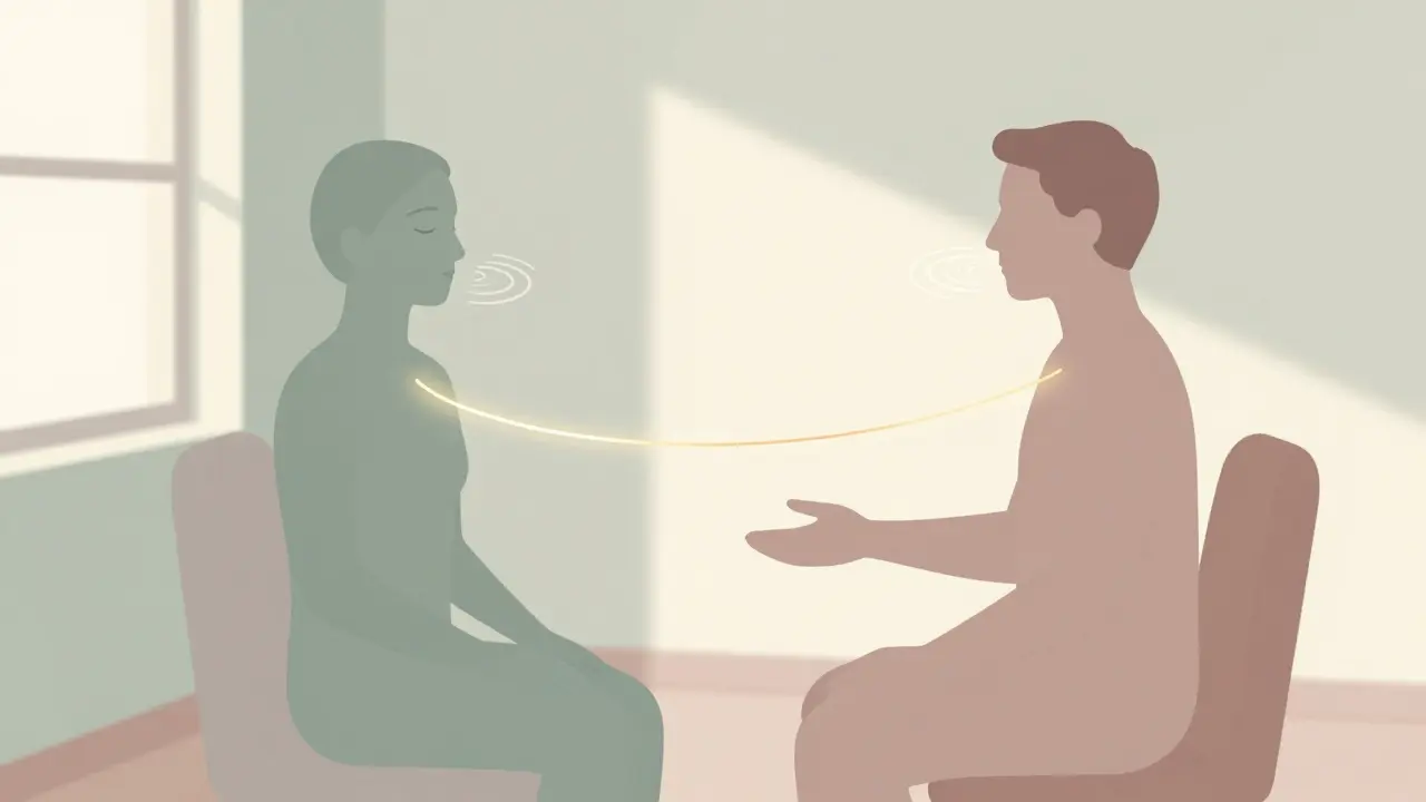 Minimální ilustrace terapeutického sezení s důrazem na dech a kontakt.