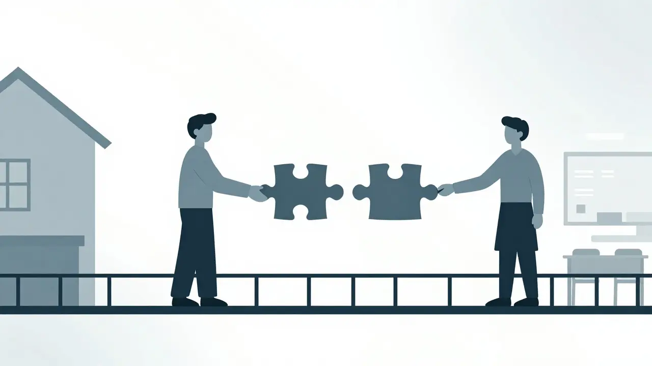 Rodič a učitel spojují dílky puzzle jako symbol spolupráce