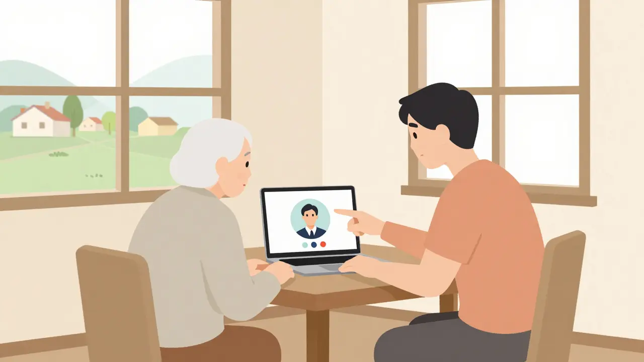 Senior s pomocí mladší osoby používající videohovor na venkově