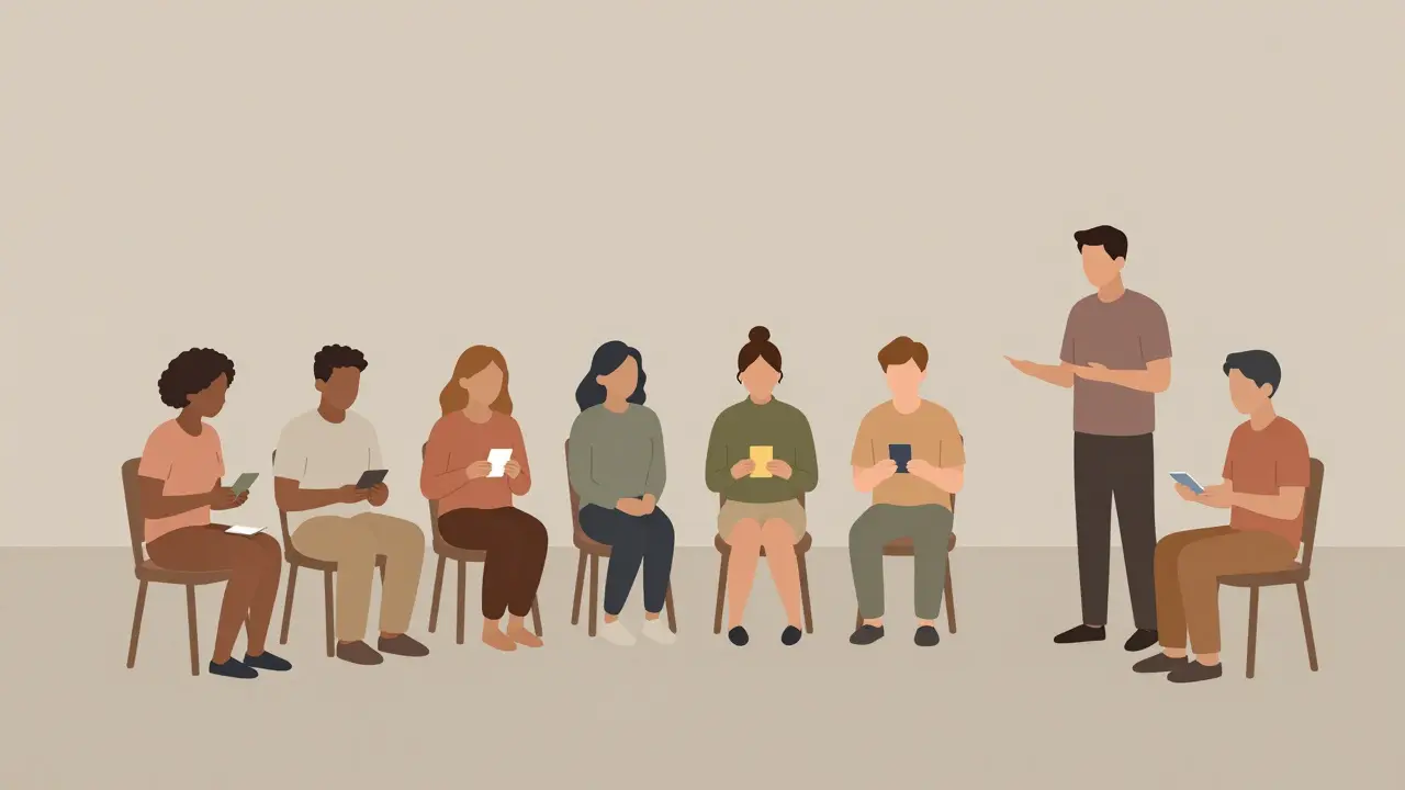 Klidná skupinová mindfulness sezení s vizuálními kartami a facilitátorem