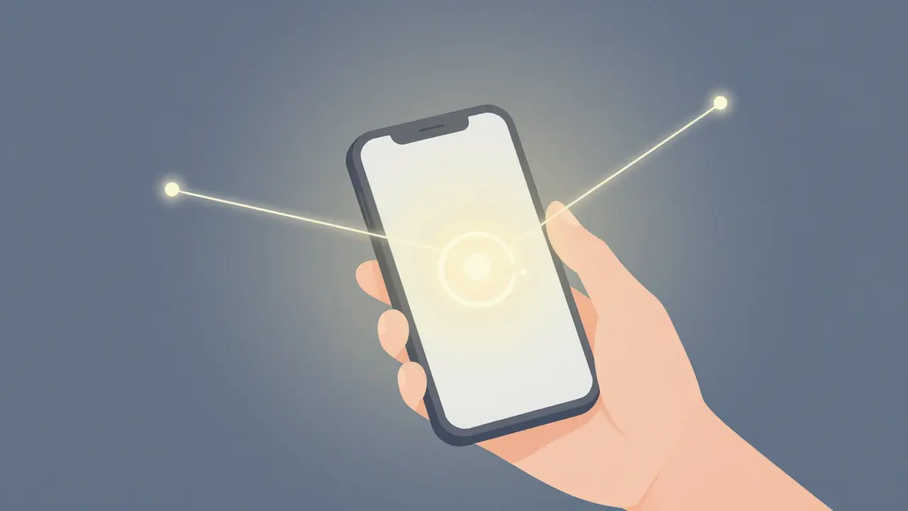 Ruka drží telefon s zářícími linkami pomoci do tmy