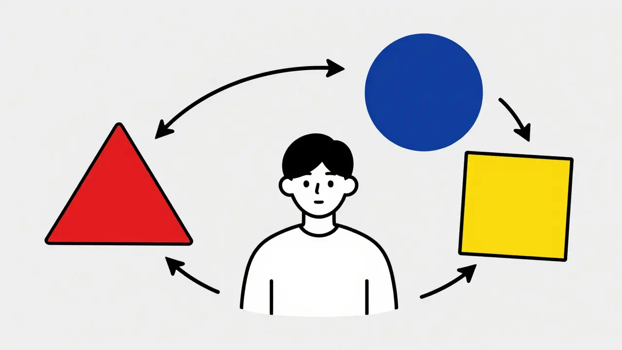 Abstraktní postava obklopená propojenými geometrickými tvary představujícími duševní poruchy