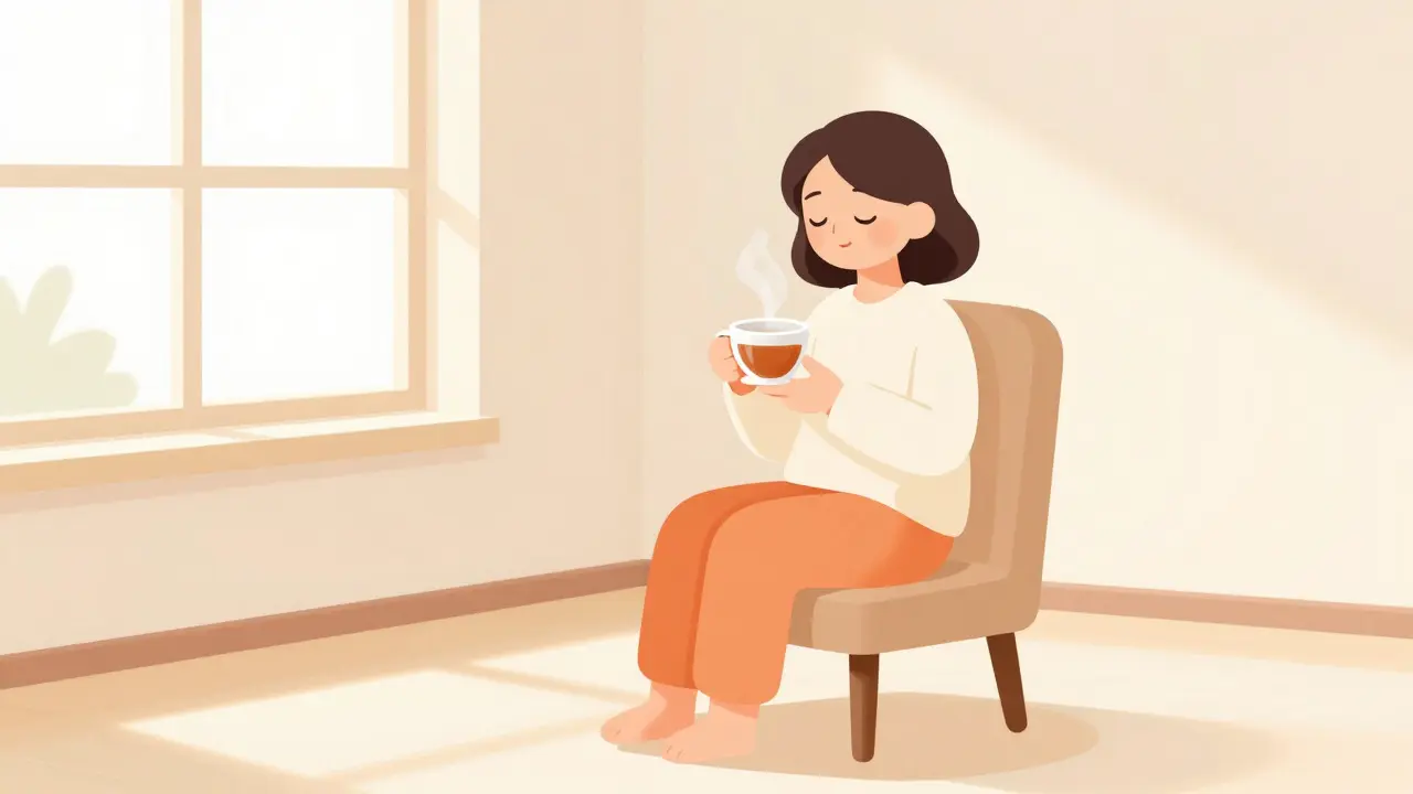 Illustration of a person practicing mindfulness while drinking tea in a bright room