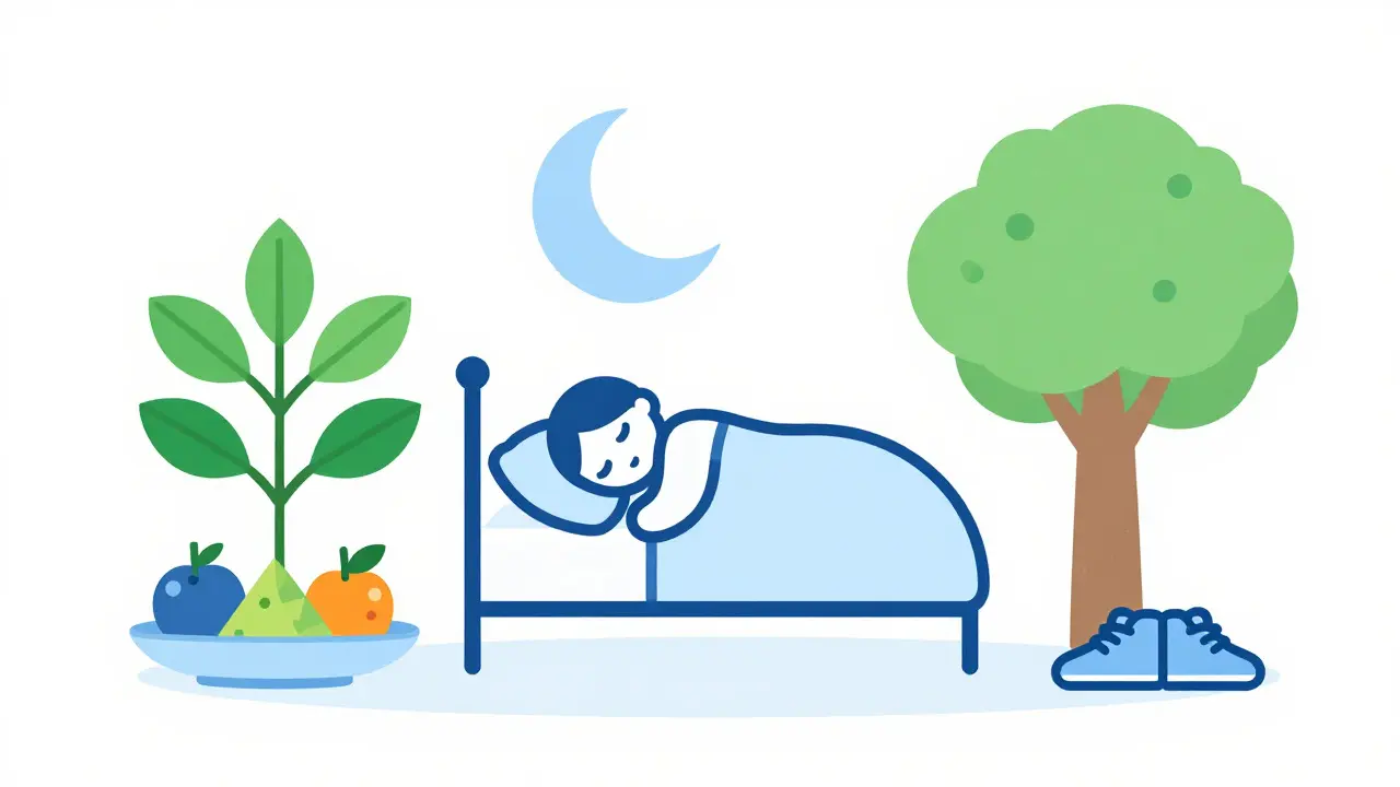 Minimalistická ilustrace spánku, pohybu a výživy jako základů zdraví