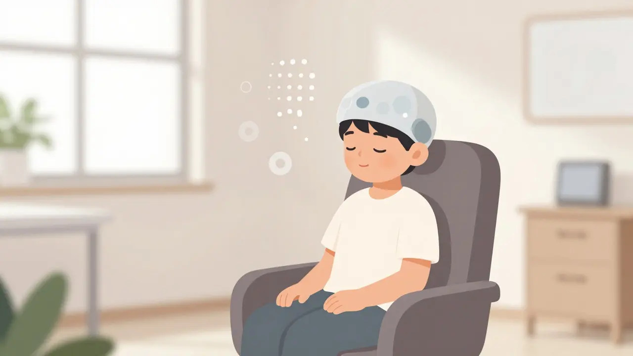 Stylized illustration of a child undergoing a calm neurofeedback session in a clinic