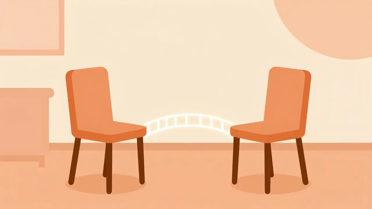 Two chairs connected by a light bridge, representing the link between client and therapist