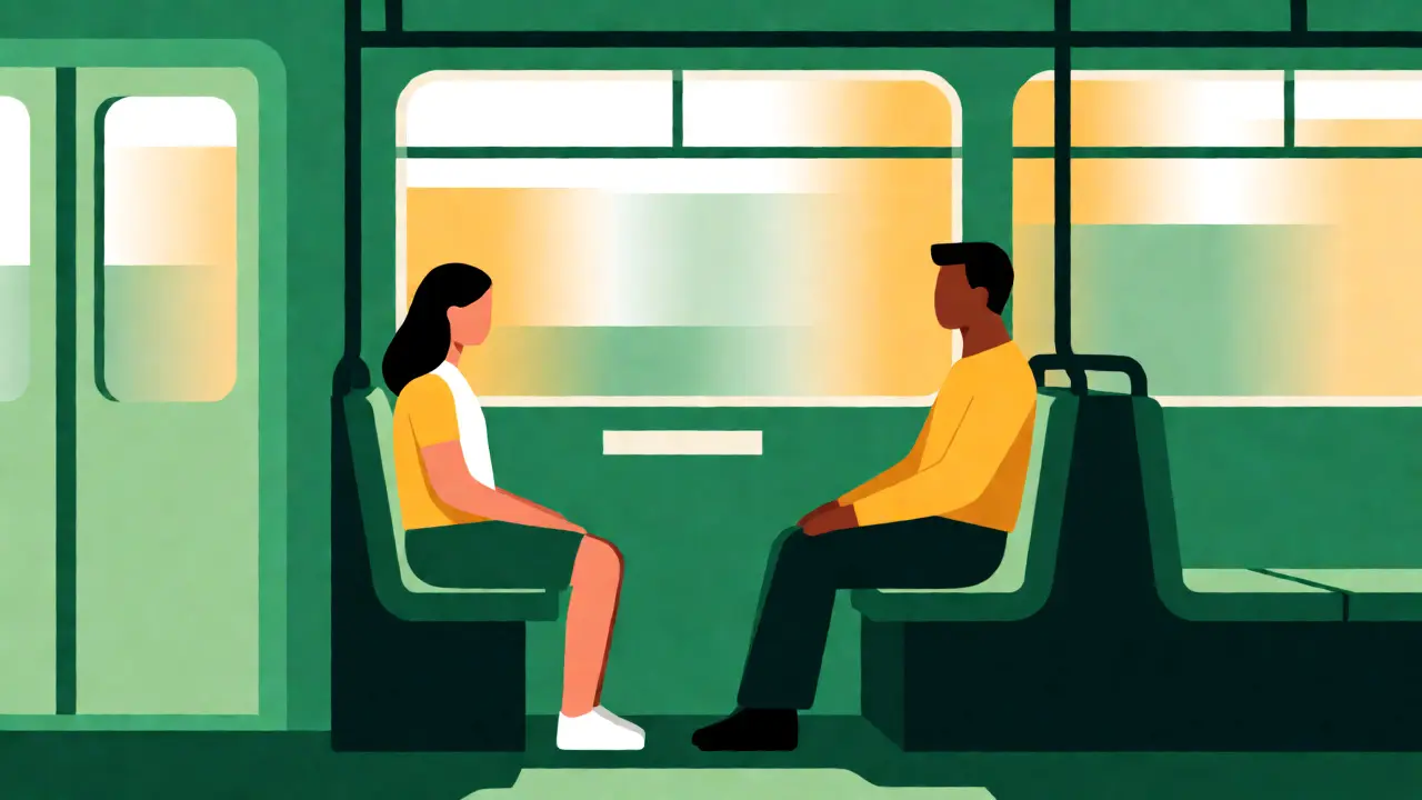 Cizinec klidně sedí vedle ženy v tramvaji během krize