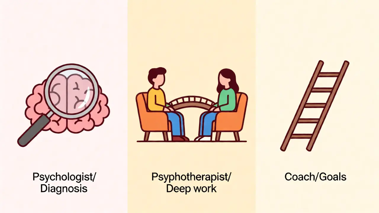 Ilustrace rozdílu mezi psychologem, terapeutem a koučem