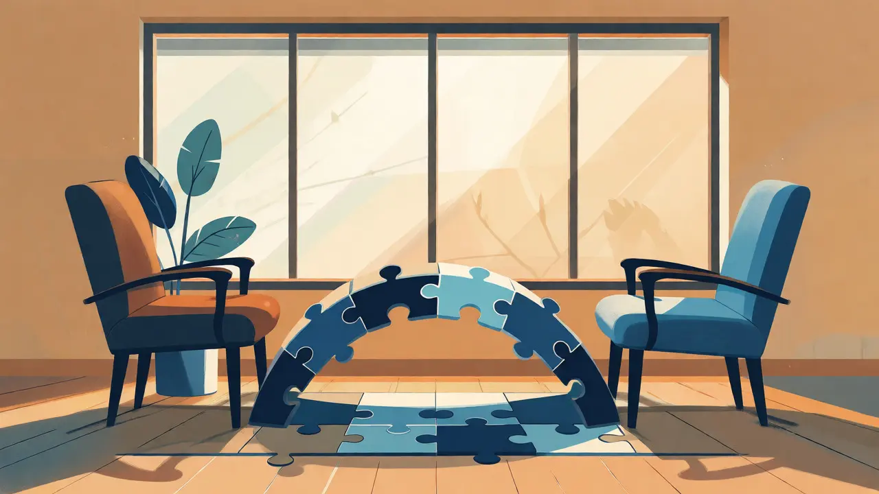 Ilustrace terapeutických židlí spojených mostem z dílků puzzle v klidném prostředí