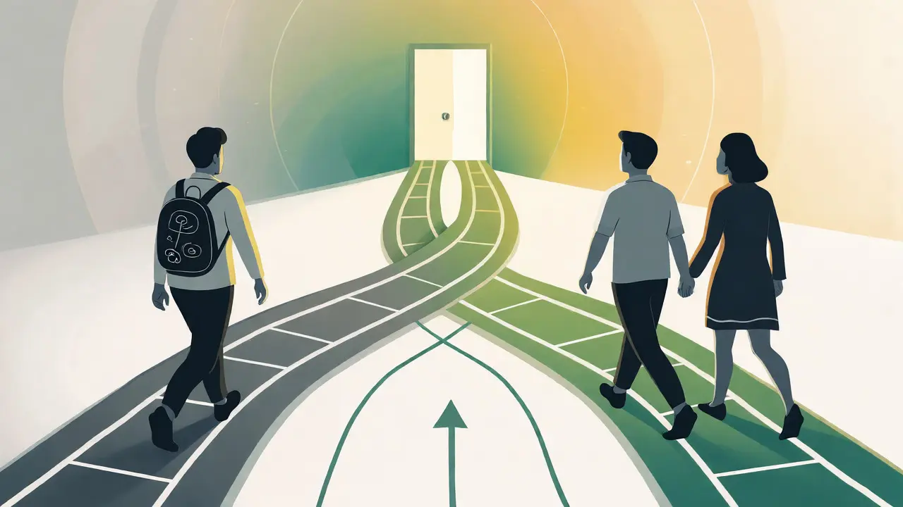 Metaforická ilustrace kombinace individuální práce na sobě a společné párové cesty.