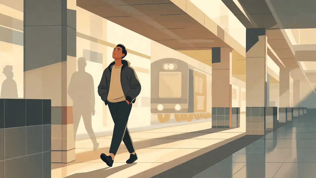 Ilustrace člověka procházejícího městem po úspěšném překonání agorafobie