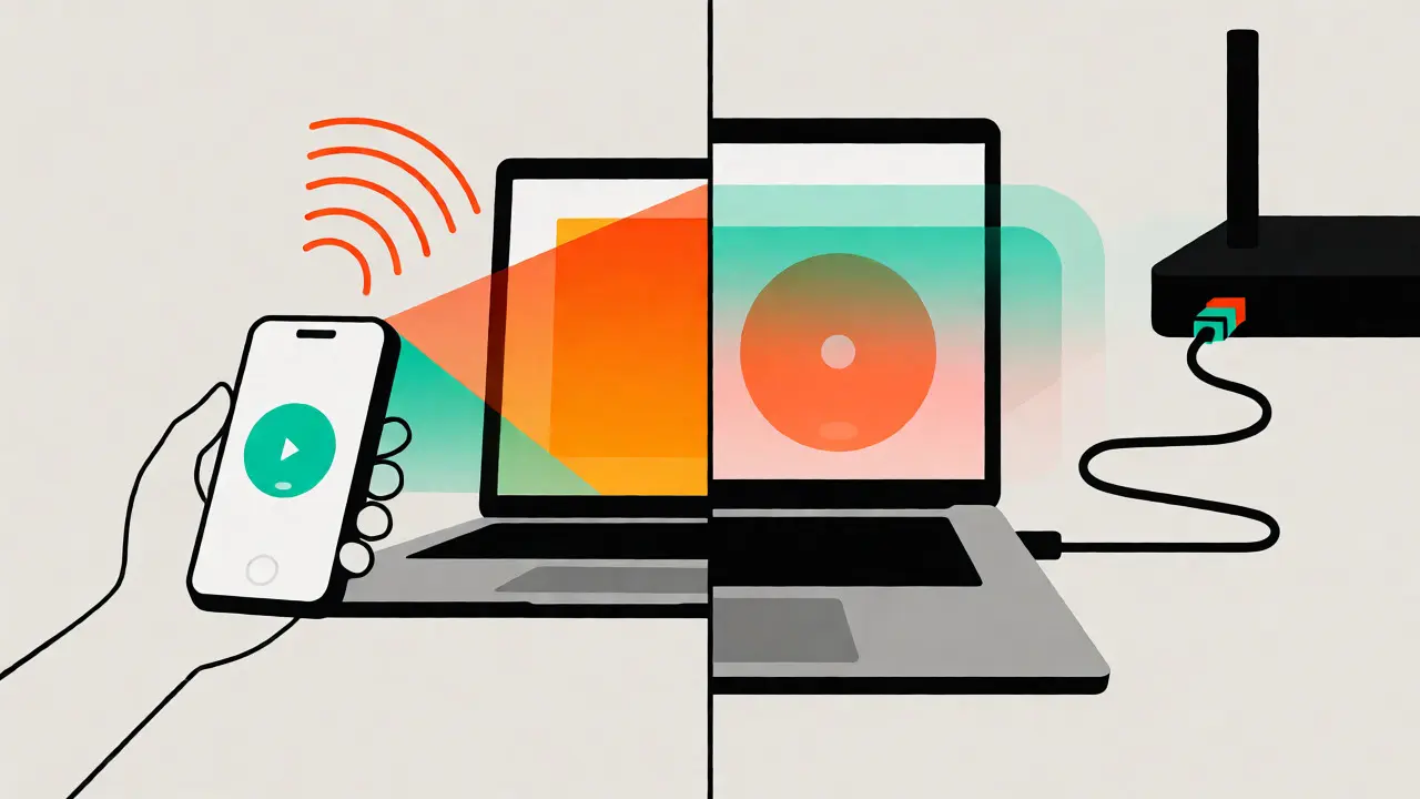 Ilustrace přepnutí na mobilní hotspot a použití ethernetového kabelu pro stabilní spojení.
