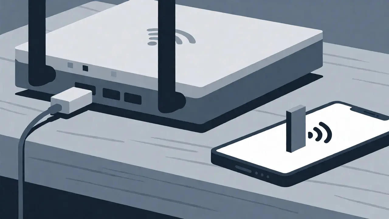 Moderní router s odpojeným kabelem a telefonem znázorňující výpadek signálu.